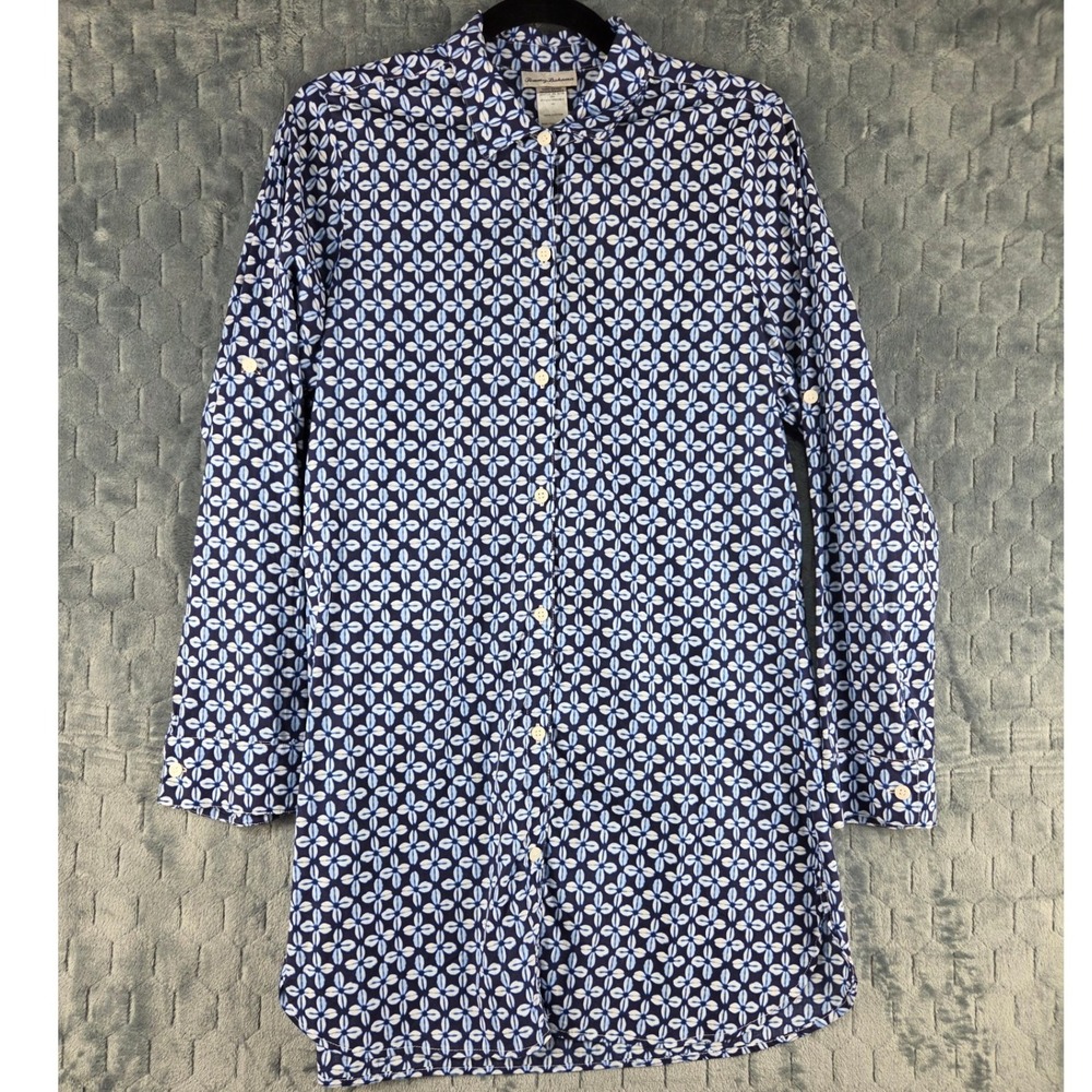 Tommy Bahama Women Navy Blue Geometric Floral Roll Tab Sleeve Button Front Tunic